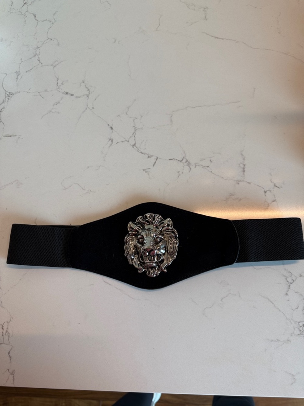 bebe Black Stretch Waist Belt with Silver Lion Medallion